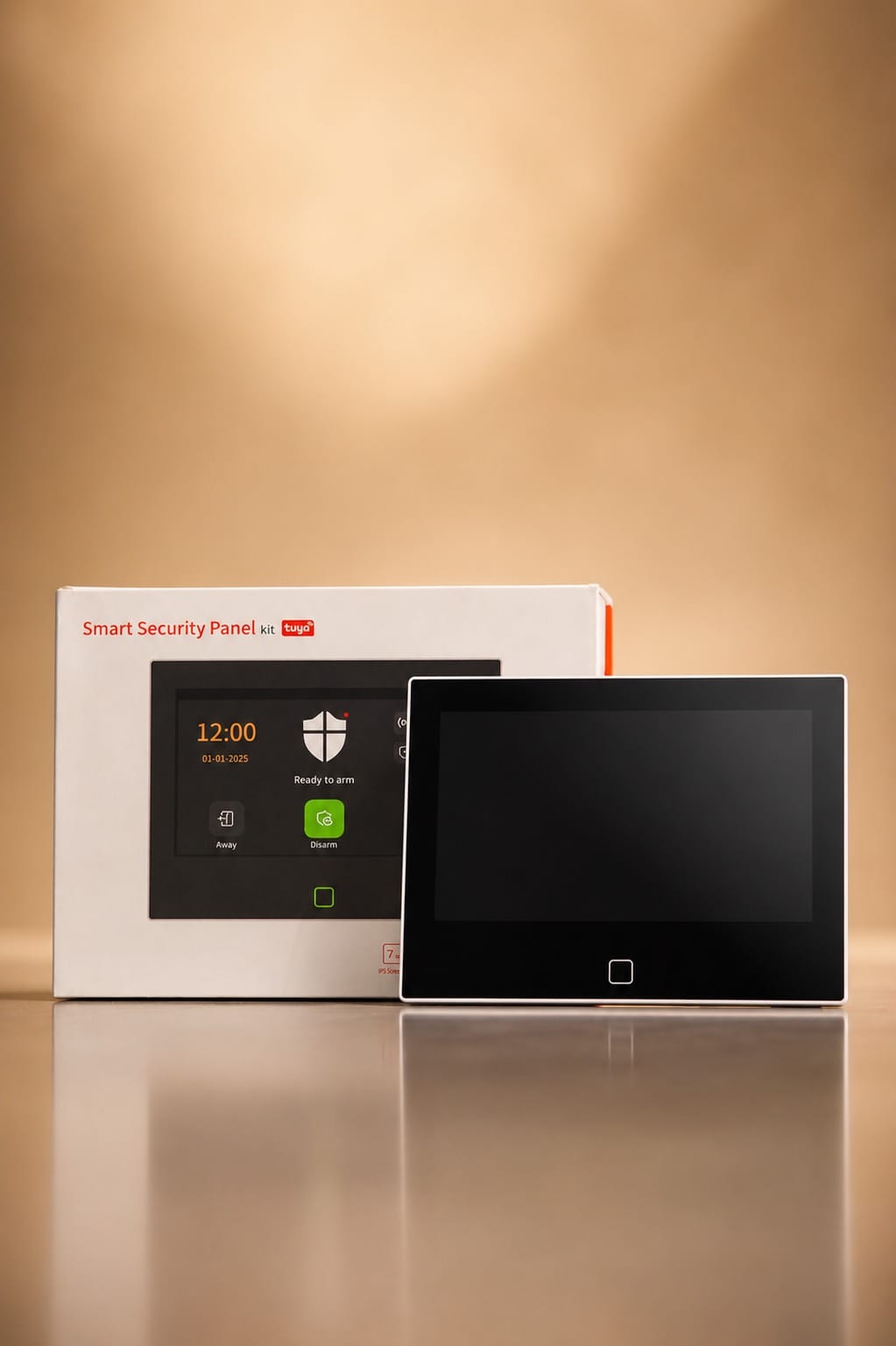 Smart alarm system panel on a warm studio background