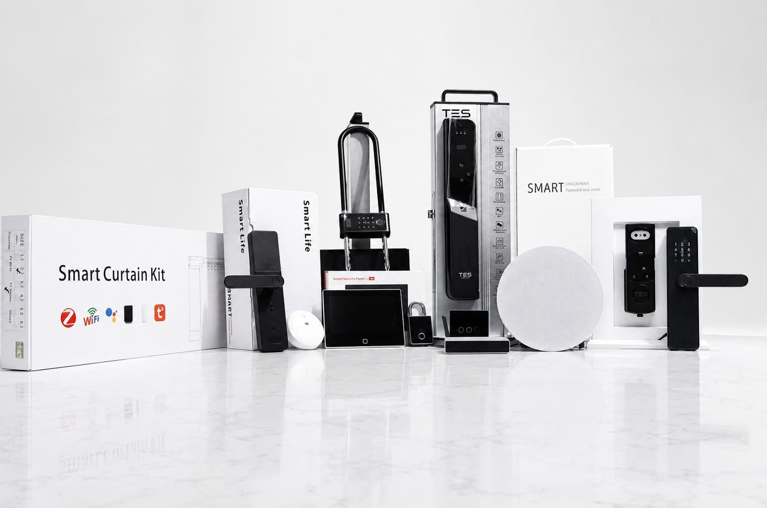 The Tados range laid out together: smart curtain kit, fingerprint and facial recognition door locks, smart padlock, security panel, sensors and a ceiling speaker
