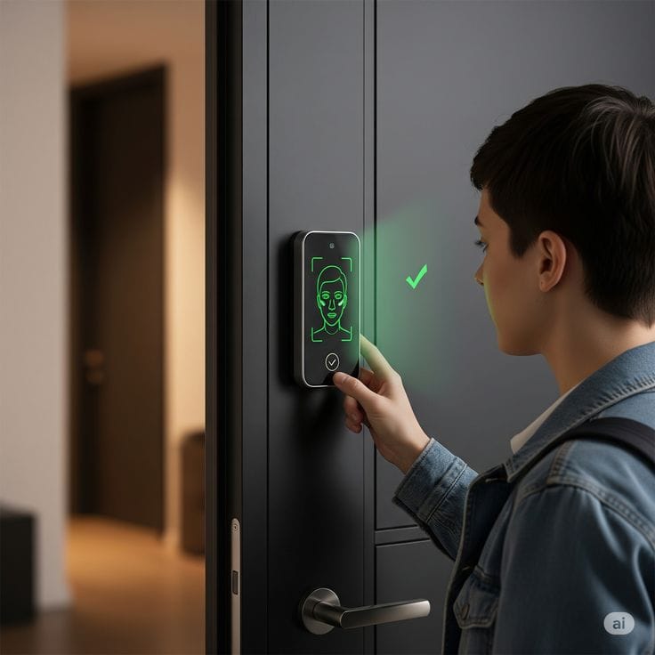 3D facial recognition door lock on a warm studio background